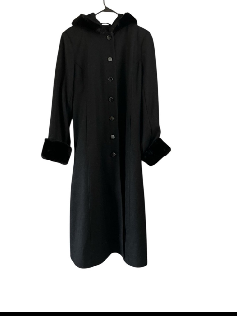 Donnybrook long black Coat button down with hood  wool Size 12